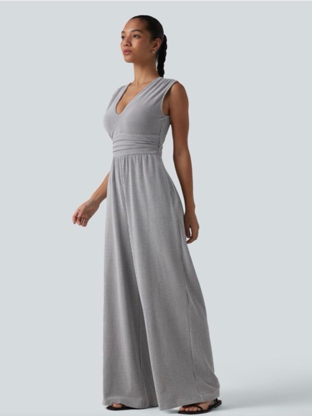 HALARA Light Blue Sleeveless V-Neck Wide-Leg Jumpsuit